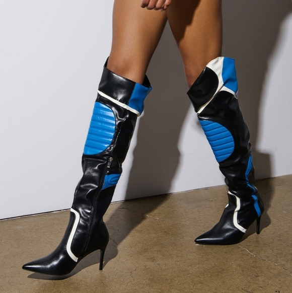 "Cyberstrut 99: Tokyo Skyline" Chic Black and Blue Heeled Boots - Picture 8 of 9